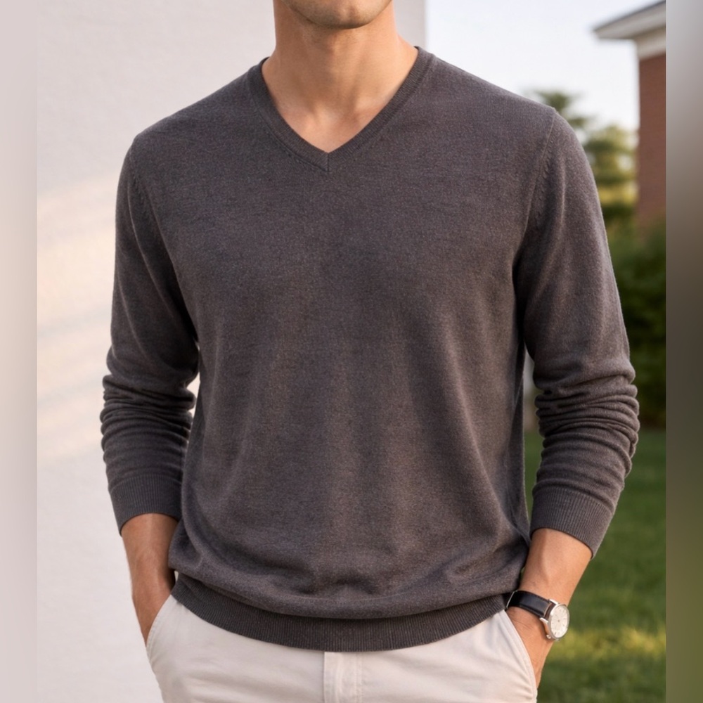 Brooks Brothers Stretch Merino Wool Blend Grey V-Neck Sweater Men's XL
